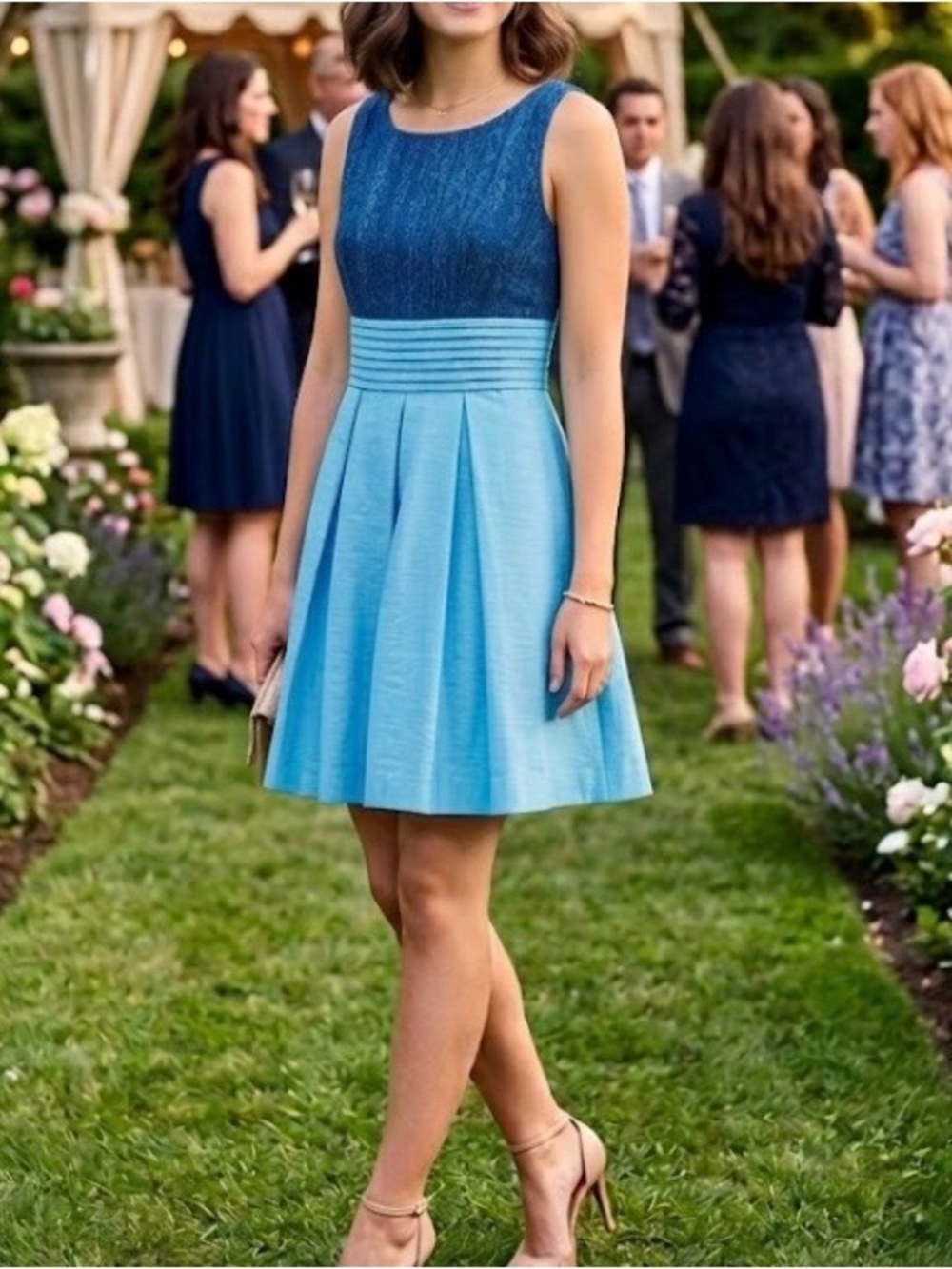 Anthropologie Eva Franco blue fit & flare sleeveless dress Pintuck linen blend 2